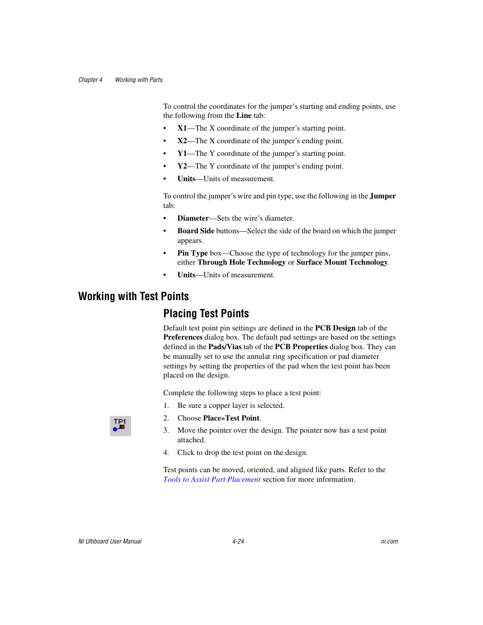 Working with test points, Placing test points, Working with test points -24 | Placing test points -24, Working with test points placing test points | National Instruments Graphical User Interface Ultiboard User Manual | Page 120 / 281
