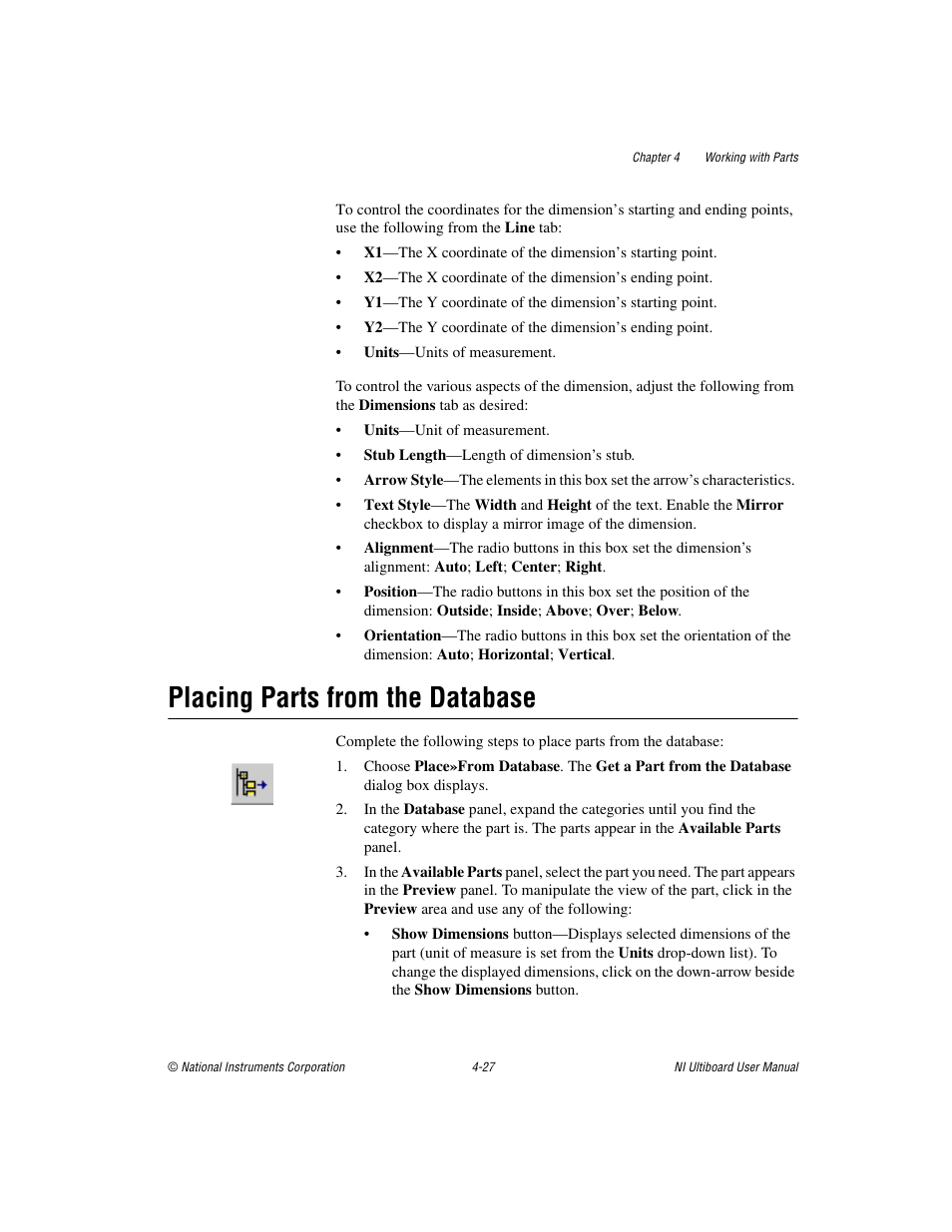 Placing parts from the database, Placing parts from the database -27, To the | Placing parts, From the database, Sectio | National Instruments Graphical User Interface Ultiboard User Manual | Page 123 / 281
