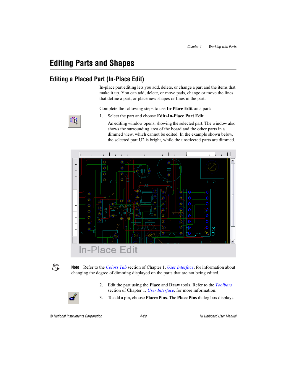 Editing parts and shapes, Editing a placed part (in-place edit), Editing parts and shapes -29 | Editing a placed part (in-place edit) -29, Editing, A placed part (in-place edit) | National Instruments Graphical User Interface Ultiboard User Manual | Page 125 / 281