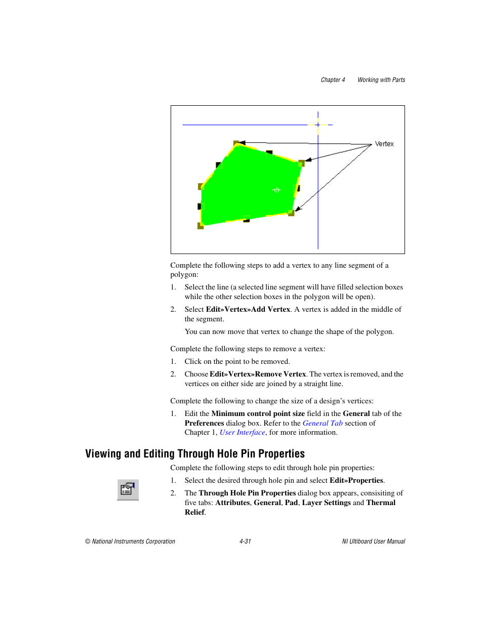Viewing and editing through hole pin properties, Viewing, And editing through hole pin properties | Viewing and, Editing through hole pin properties, Secti, Viewing and editing through, Hole pin properties | National Instruments Graphical User Interface Ultiboard User Manual | Page 127 / 281
