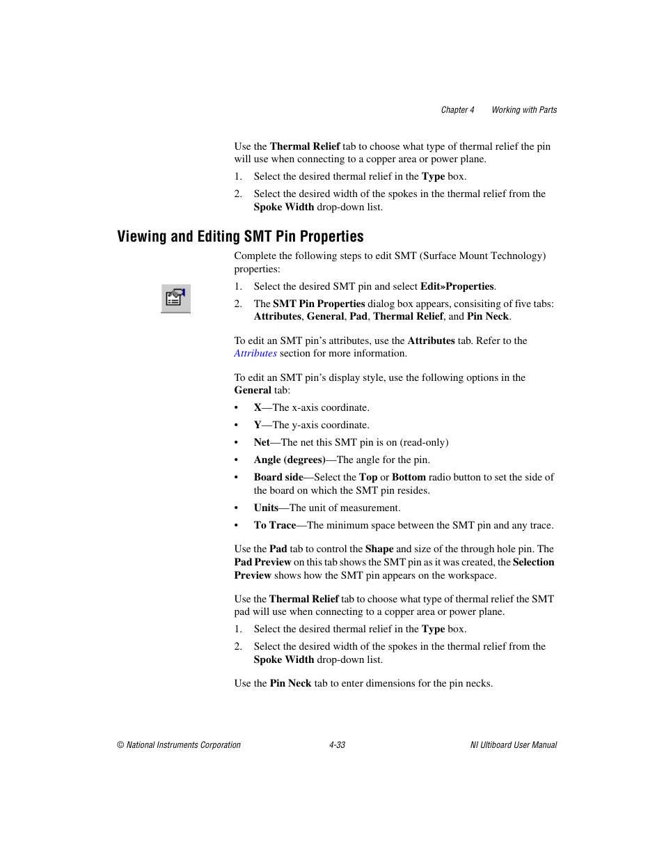 Viewing and editing smt pin properties, Viewing and editing smt pin properties -33, Viewing and | Editing smt pin properties, Viewing and editing smt pin, Properties, Sectio, Of c | National Instruments Graphical User Interface Ultiboard User Manual | Page 129 / 281