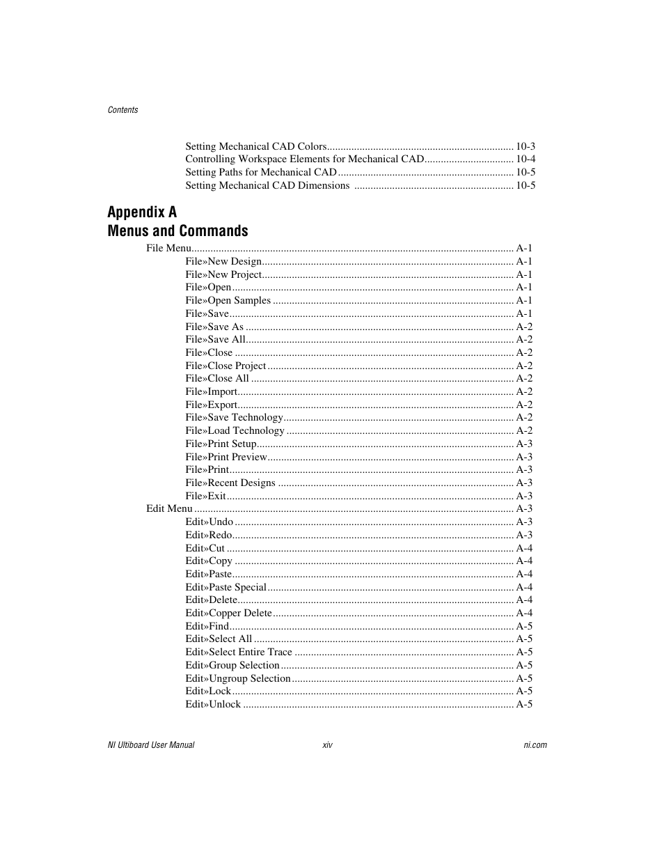 Appendix a menus and commands | National Instruments Graphical User Interface Ultiboard User Manual | Page 13 / 281