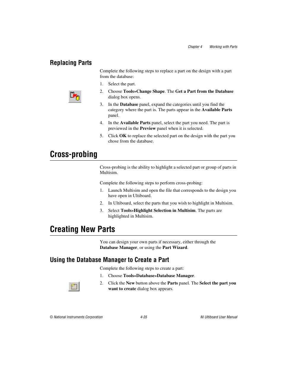Replacing parts, Cross-probing, Creating new parts | Using the database manager to create a part, Replacing parts -35, Cross-probing -35 creating new parts -35, Using the database manager to create a part -35 | National Instruments Graphical User Interface Ultiboard User Manual | Page 131 / 281