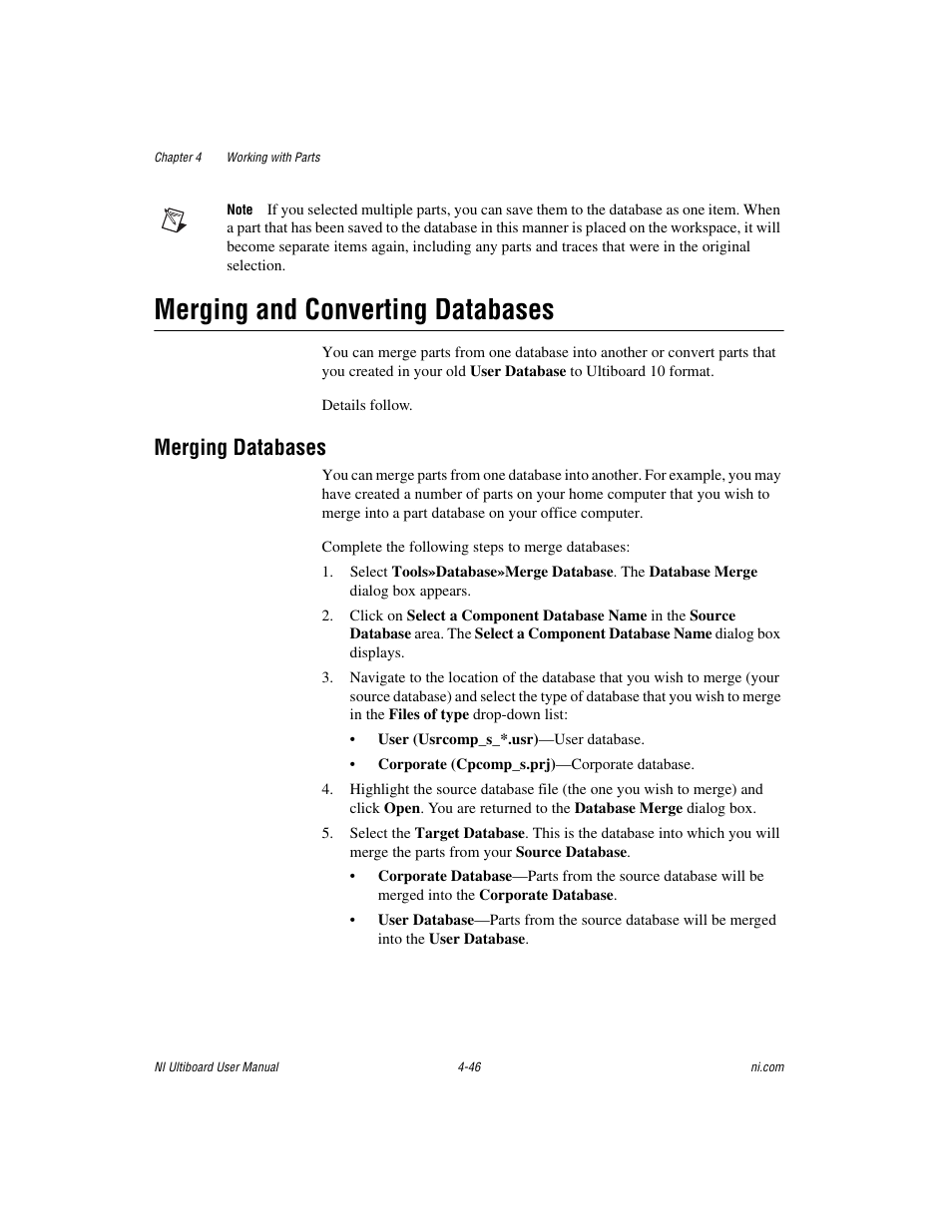 Merging and converting databases, Merging databases, Merging and converting databases -46 | Merging databases -46 | National Instruments Graphical User Interface Ultiboard User Manual | Page 142 / 281