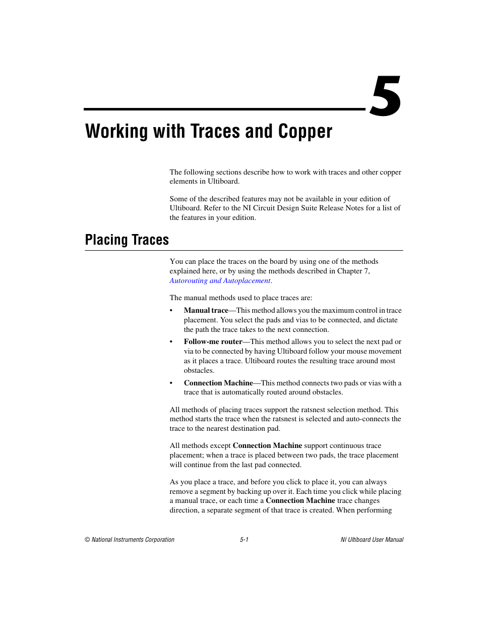 Chapter 5 working with traces and copper, Placing traces, Placing traces -1 | Ter 5, Working with traces and, Copper, Working with traces and copper, Working with, Traces and copper, Working | National Instruments Graphical User Interface Ultiboard User Manual | Page 145 / 281