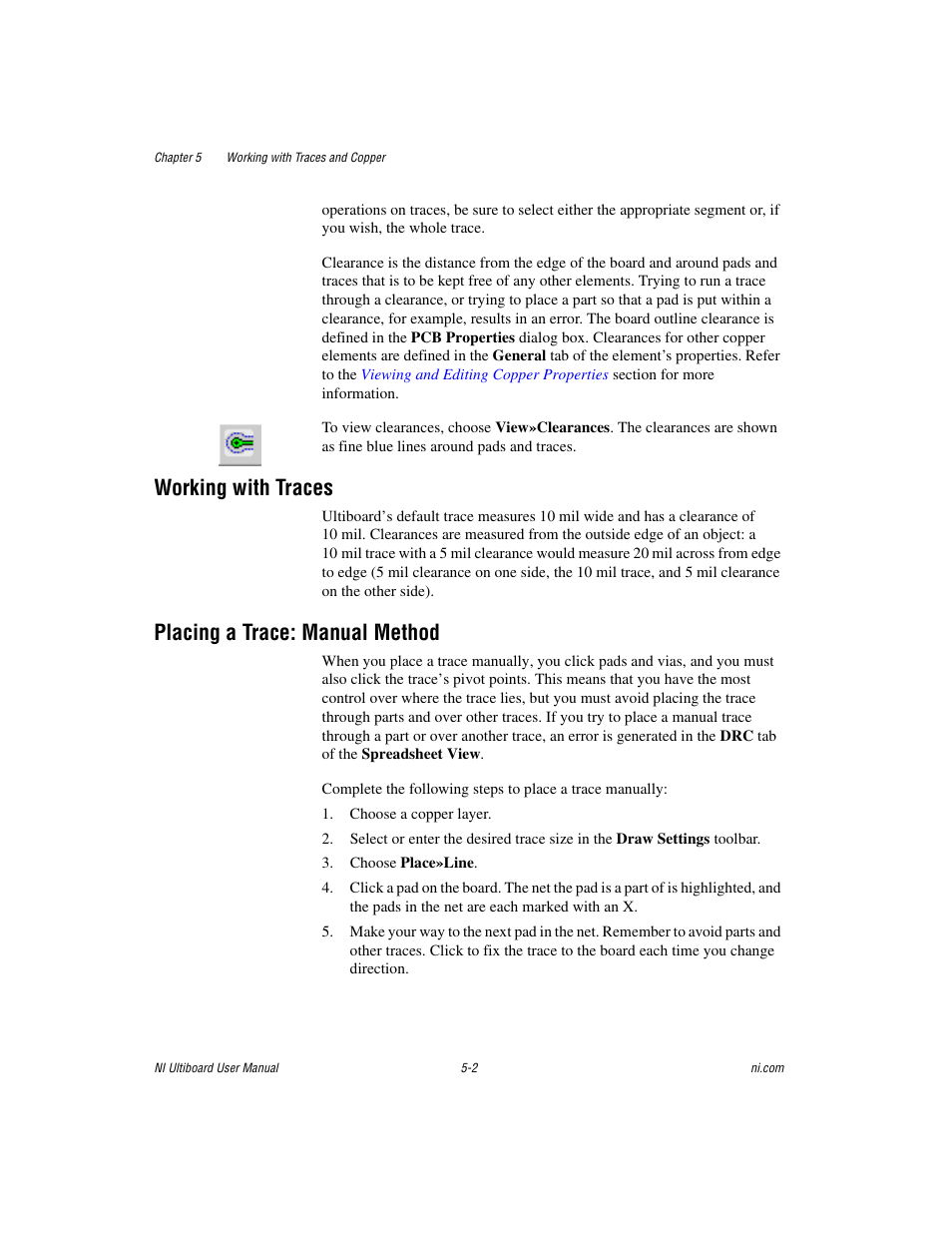 Working with traces, Placing a trace: manual method, Placing a trace: manual | Method, Sectio | National Instruments Graphical User Interface Ultiboard User Manual | Page 146 / 281