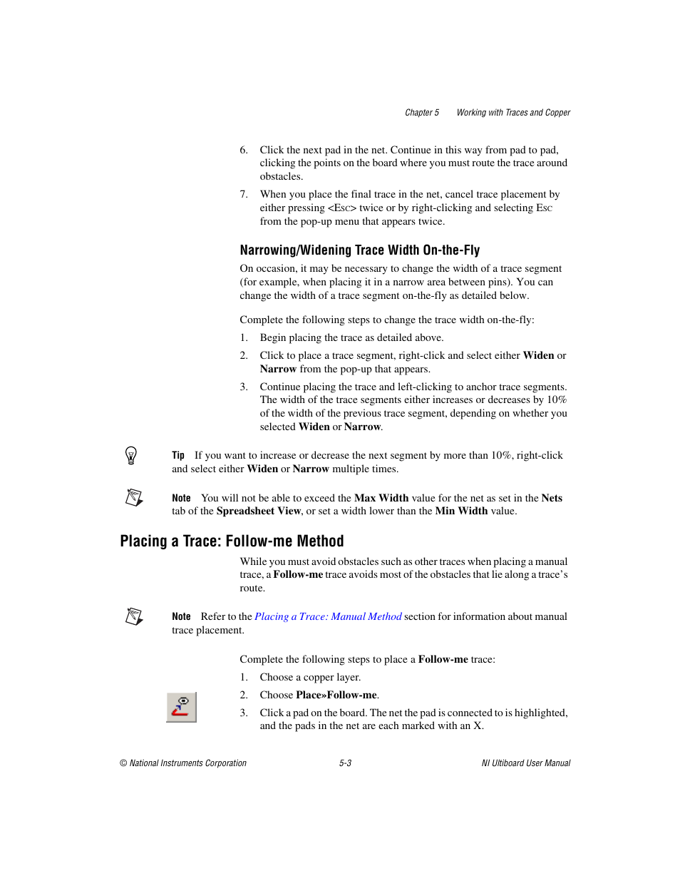 Placing a trace: follow-me method, Placing a trace: follow-me method -3, Section in chapter | Narrowing/widening trace width on-the-fly | National Instruments Graphical User Interface Ultiboard User Manual | Page 147 / 281