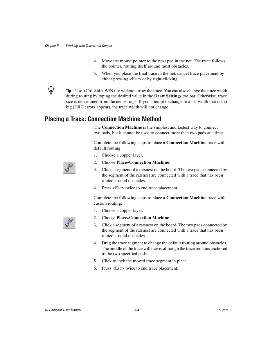 Placing a trace: connection machine method, Placing a trace: connection machine method -4 | National Instruments Graphical User Interface Ultiboard User Manual | Page 148 / 281