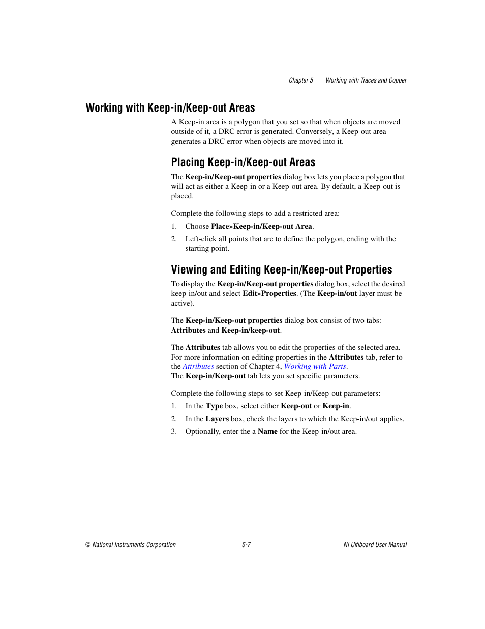 Working with keep-in/keep-out areas, Placing keep-in/keep-out areas, Viewing and editing keep-in/keep-out properties | Working with keep-in/keep-out areas -7, Working with keep-in/keep-out, Areas, Working with, Keep-in/keep-out areas | National Instruments Graphical User Interface Ultiboard User Manual | Page 151 / 281