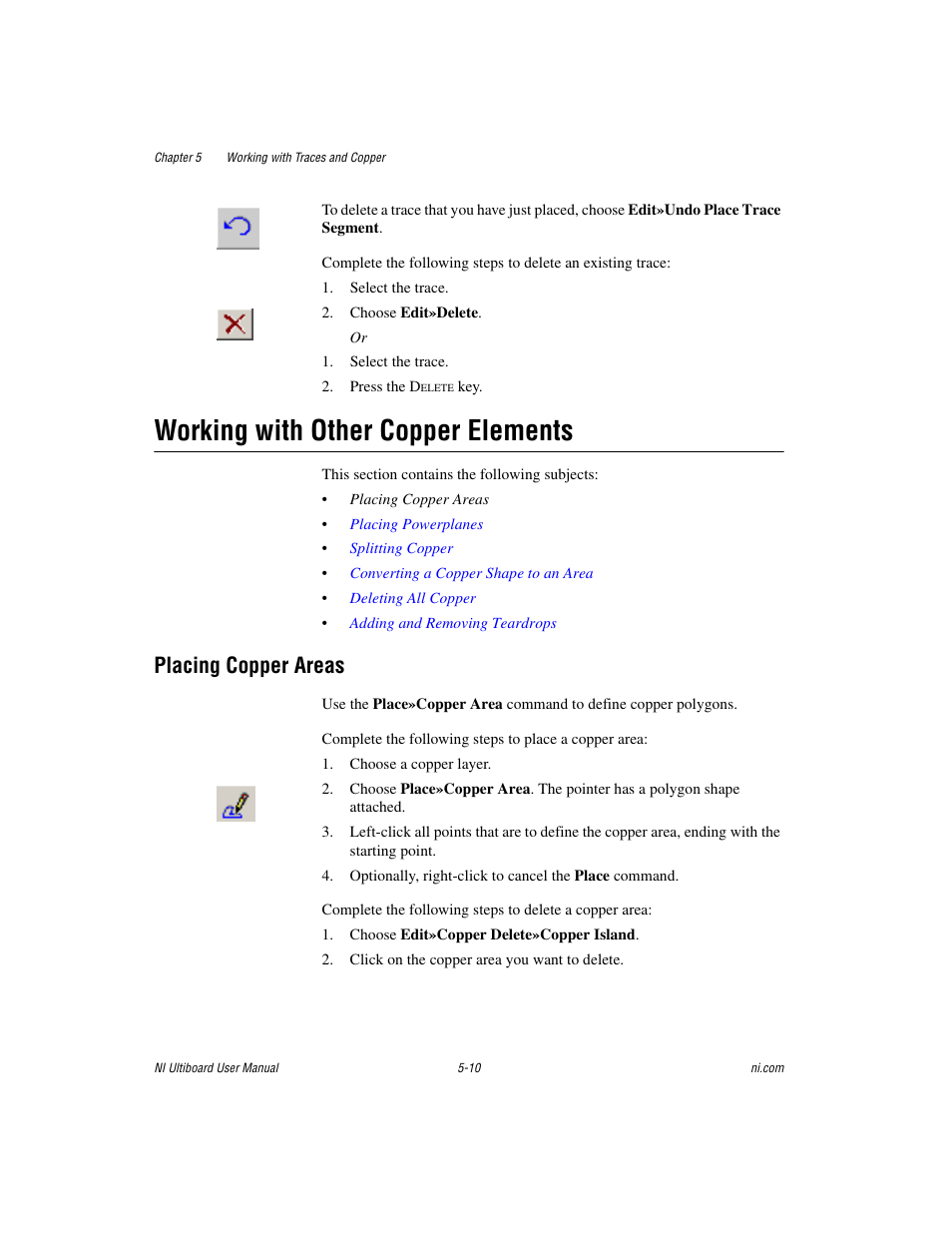 Working with other copper elements, Placing copper areas, Working with other copper elements -10 | Placing copper areas -10 | National Instruments Graphical User Interface Ultiboard User Manual | Page 154 / 281