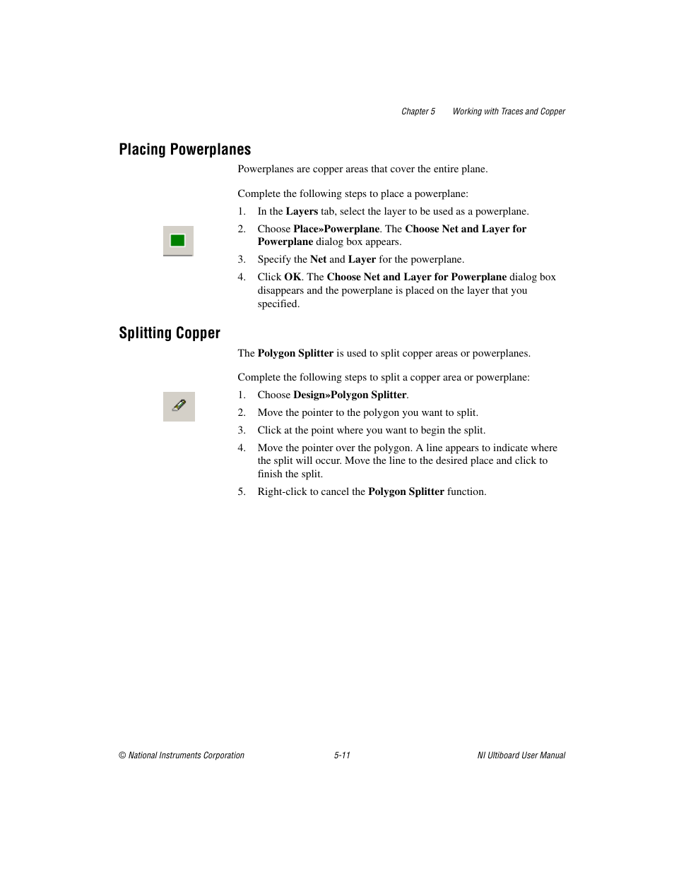 Placing powerplanes, Splitting copper, Placing powerplanes -11 splitting copper -11 | Sectio | National Instruments Graphical User Interface Ultiboard User Manual | Page 155 / 281