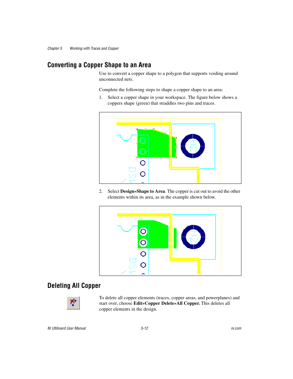 Converting a copper shape to an area, Deleting all copper | National Instruments Graphical User Interface Ultiboard User Manual | Page 156 / 281
