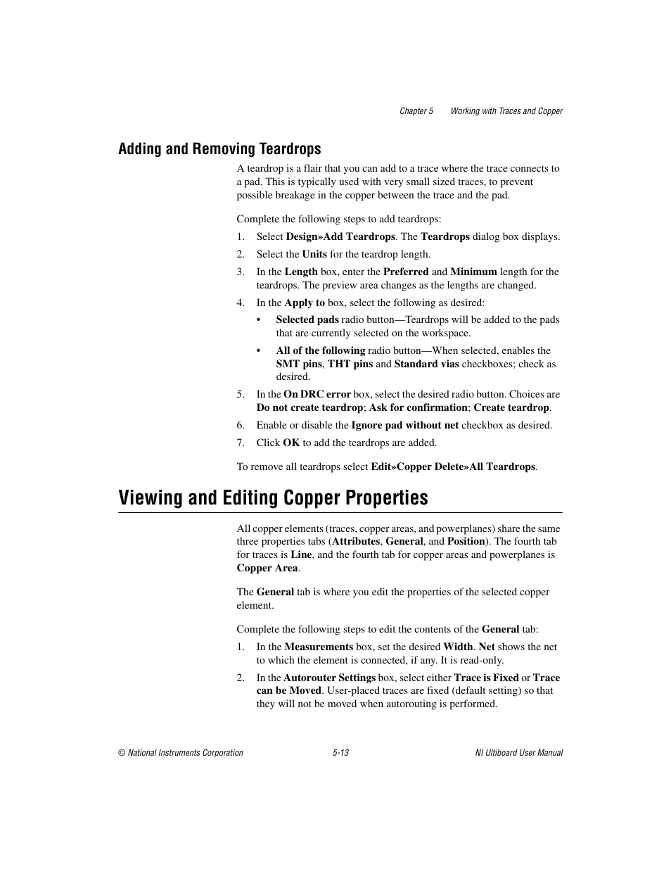 Adding and removing teardrops, Viewing and editing copper properties, Adding and removing teardrops -13 | Viewing and editing copper properties -13, Viewing and, Editing copper properties, Sectio | National Instruments Graphical User Interface Ultiboard User Manual | Page 157 / 281
