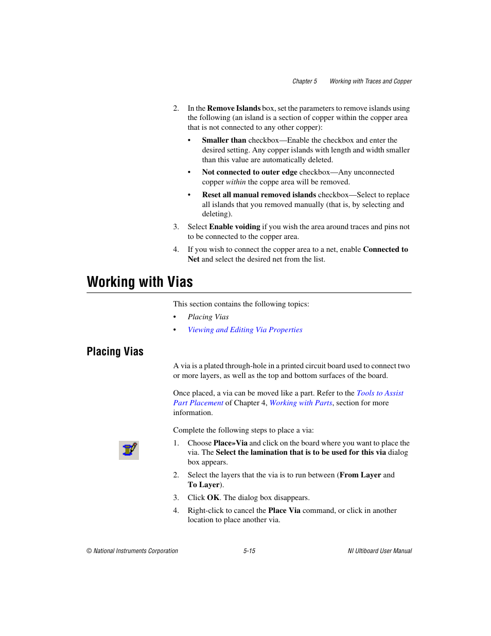 Working with vias, Placing vias, Working with vias -15 | Placing vias -15, Sectio | National Instruments Graphical User Interface Ultiboard User Manual | Page 159 / 281