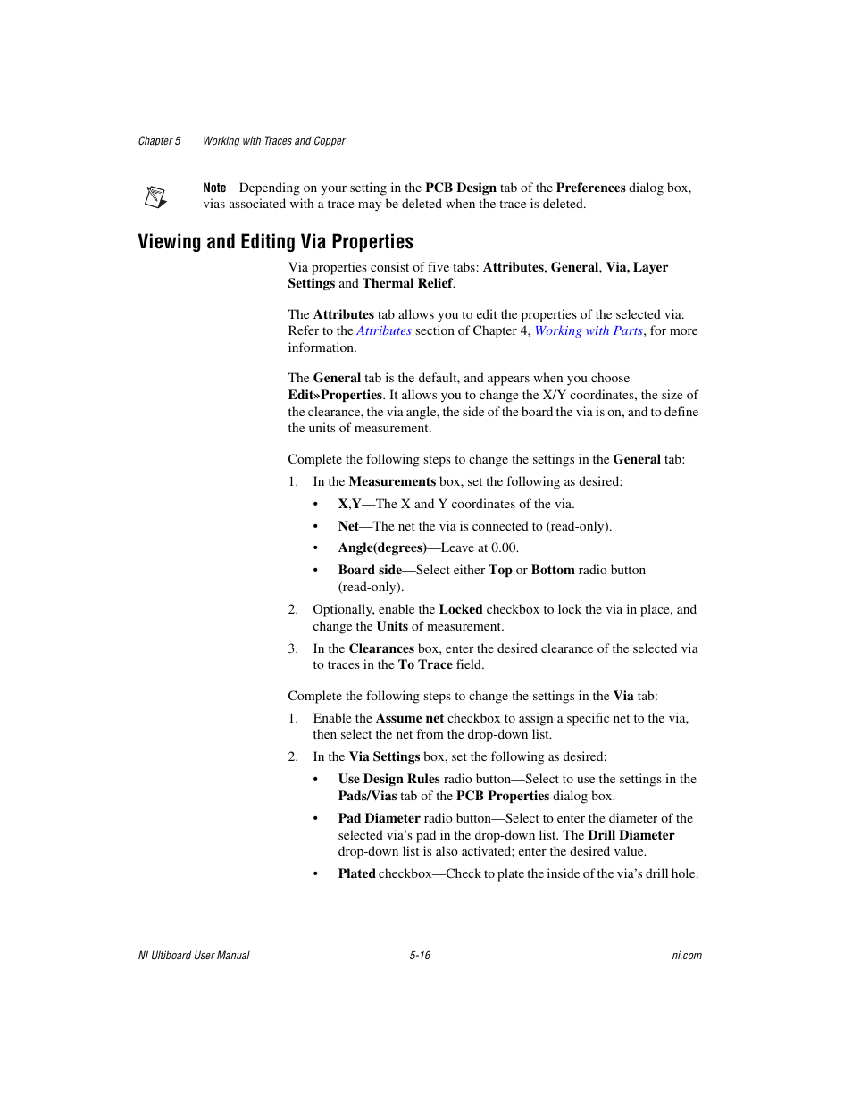 Viewing and editing via properties, Viewing and editing via properties -16, Viewing and editing via | Properties, Sectio, Viewing and, Editing via properties | National Instruments Graphical User Interface Ultiboard User Manual | Page 160 / 281