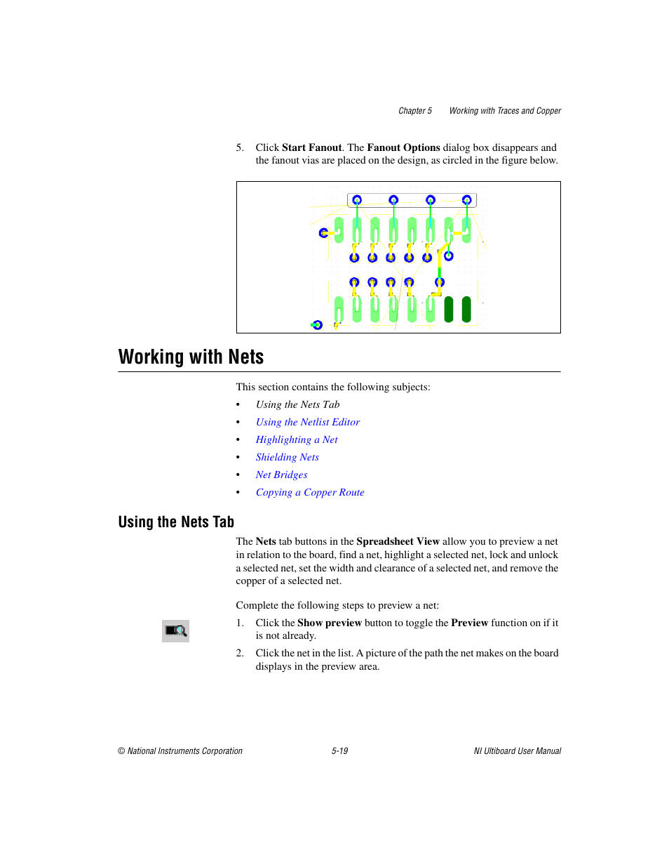 Working with nets, Using the nets tab, Working with nets -19 | Using the nets tab -19, Using, The nets tab | National Instruments Graphical User Interface Ultiboard User Manual | Page 163 / 281
