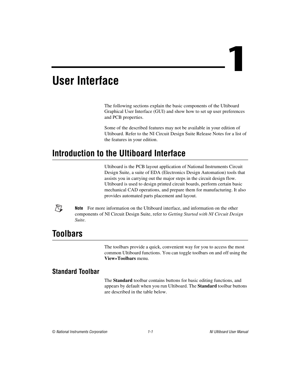 Chapter 1 user interface, Introduction to the ultiboard interface, Toolbars | Standard toolbar, Standard toolbar -1, User interface | National Instruments Graphical User Interface Ultiboard User Manual | Page 17 / 281