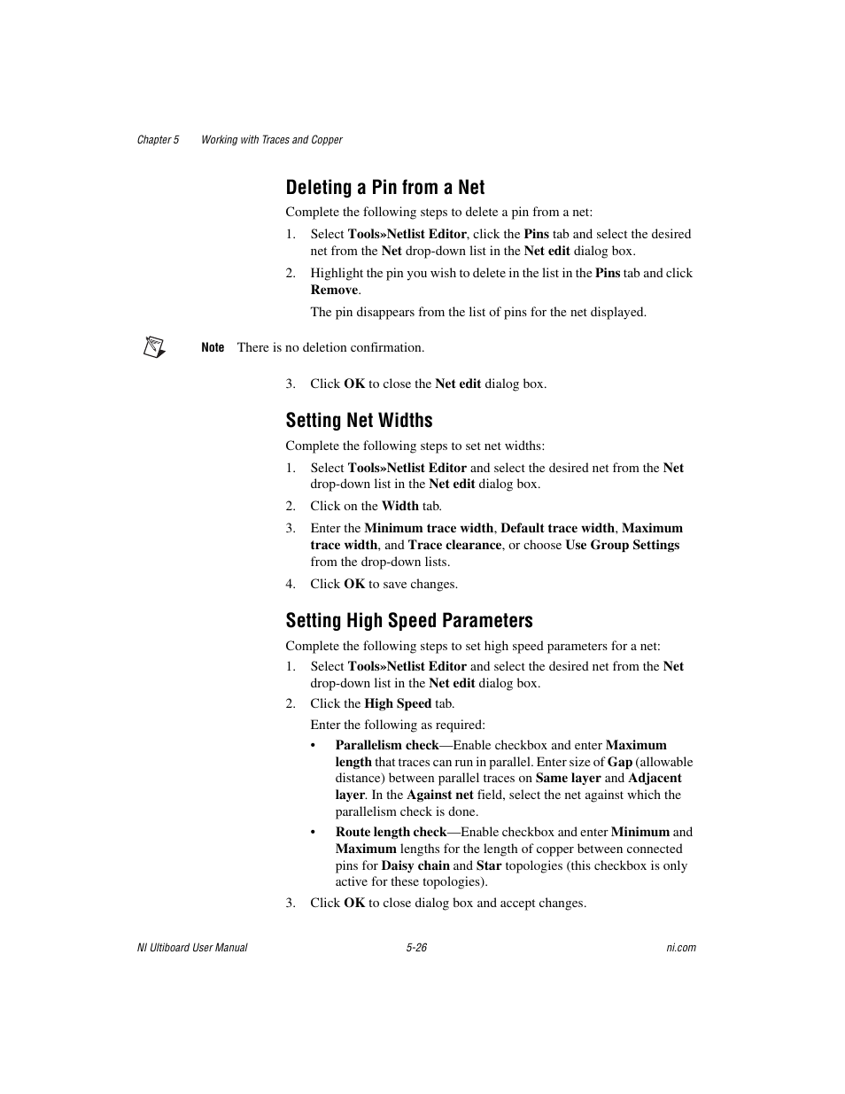 Deleting a pin from a net, Setting net widths, Setting high speed parameters | National Instruments Graphical User Interface Ultiboard User Manual | Page 170 / 281