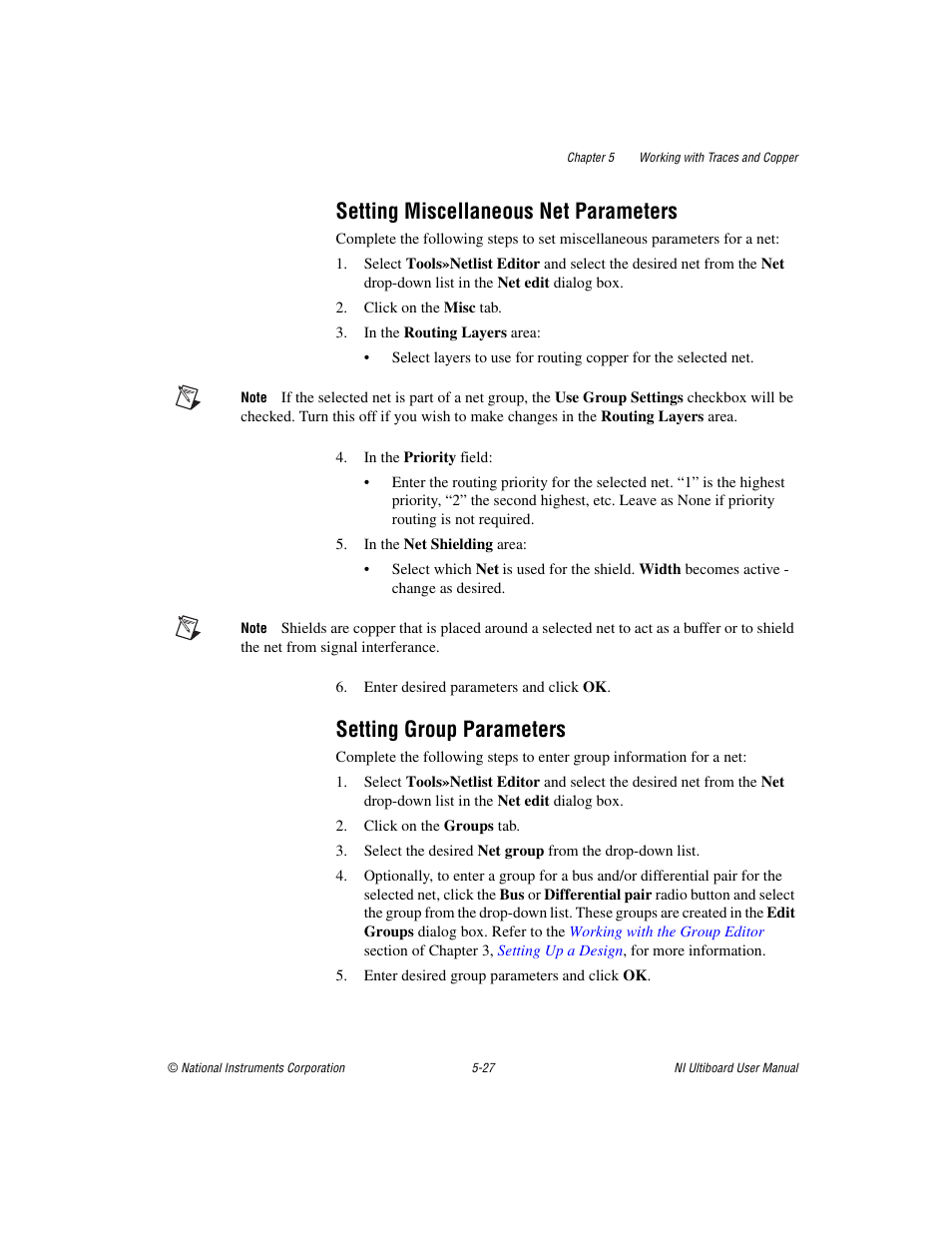 Setting miscellaneous net parameters, Setting group parameters | National Instruments Graphical User Interface Ultiboard User Manual | Page 171 / 281