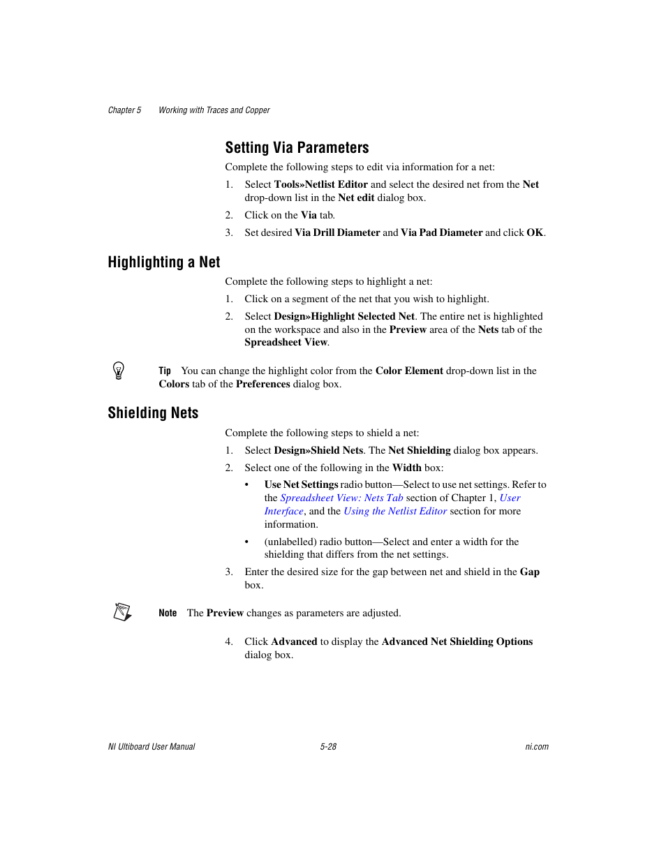 Setting via parameters, Highlighting a net, Shielding nets | Setting via parameters -28, Highlighting a net -28 shielding nets -28 | National Instruments Graphical User Interface Ultiboard User Manual | Page 172 / 281