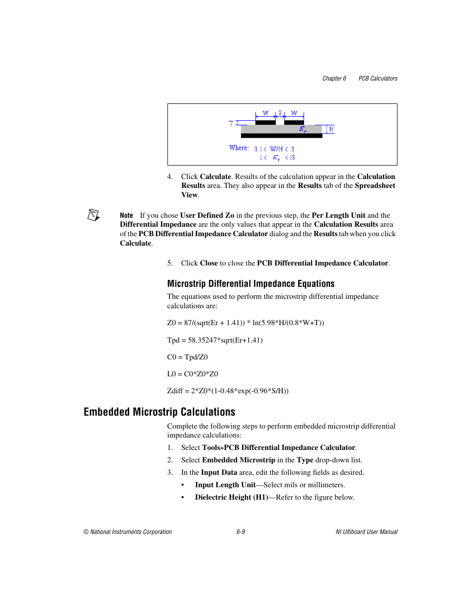 Embedded microstrip calculations, Embedded microstrip calculations -9, Microstrip differential impedance equations | National Instruments Graphical User Interface Ultiboard User Manual | Page 192 / 281