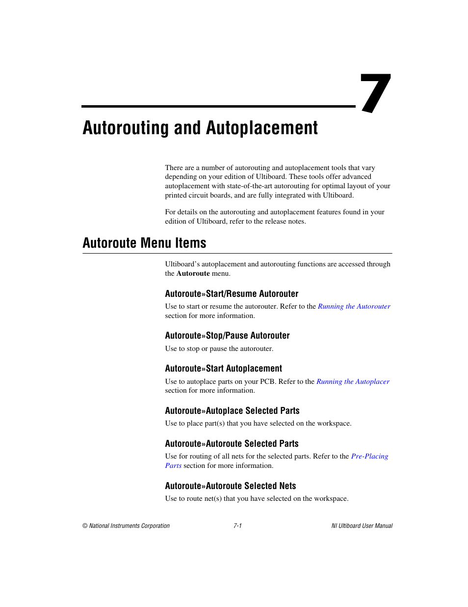 Chapter 7 autorouting and autoplacement, Autoroute menu items, Autoroute menu items -1 | Autorouting and autoplacement | National Instruments Graphical User Interface Ultiboard User Manual | Page 198 / 281
