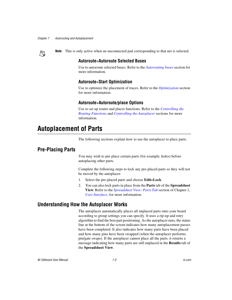 Autoplacement of parts, Pre-placing parts, Understanding how the autoplacer works | Autoplacement of parts -2, Pre-placing, Parts | National Instruments Graphical User Interface Ultiboard User Manual | Page 199 / 281