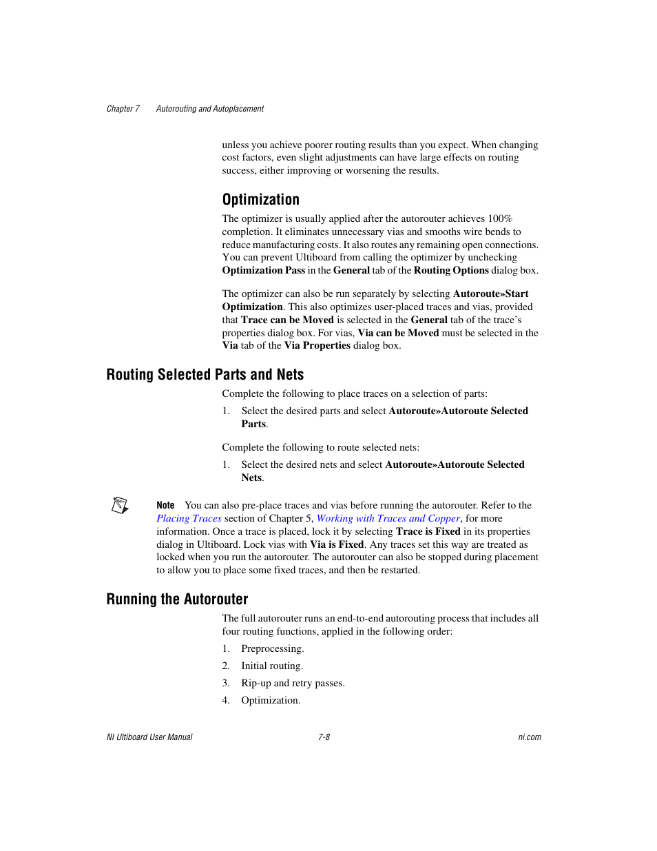 Optimization, Routing selected parts and nets, Running the autorouter | Optimization -8, To the, Sectio | National Instruments Graphical User Interface Ultiboard User Manual | Page 205 / 281