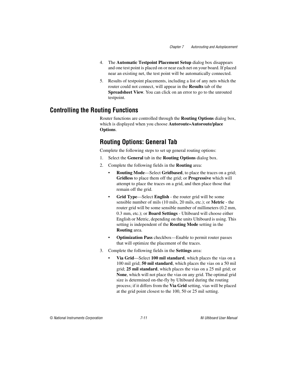 Controlling the routing functions, Routing options: general tab, Controlling the routing functions -11 | Routing options: general tab -11, Refer to the, Controlling the, Routing functions | National Instruments Graphical User Interface Ultiboard User Manual | Page 208 / 281