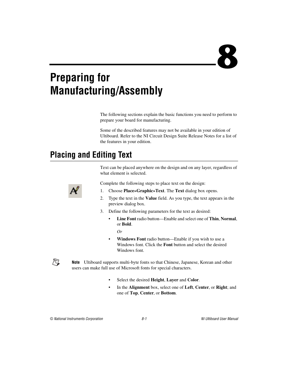 Chapter 8 preparing for manufacturing/assembly, Placing and editing text, Placing and editing text -1 | Preparing for, Manufacturing/assembly, Preparing, For manufacturing/assembly, Preparing for manufacturing/assembly, Placing and editing, Text | National Instruments Graphical User Interface Ultiboard User Manual | Page 215 / 281