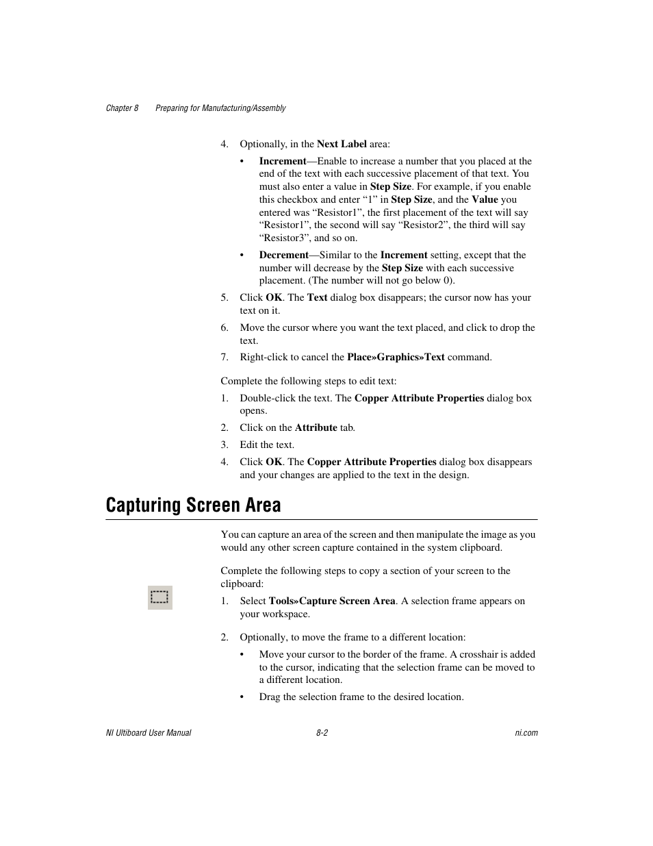Capturing screen area, Capturing screen area -2 | National Instruments Graphical User Interface Ultiboard User Manual | Page 216 / 281