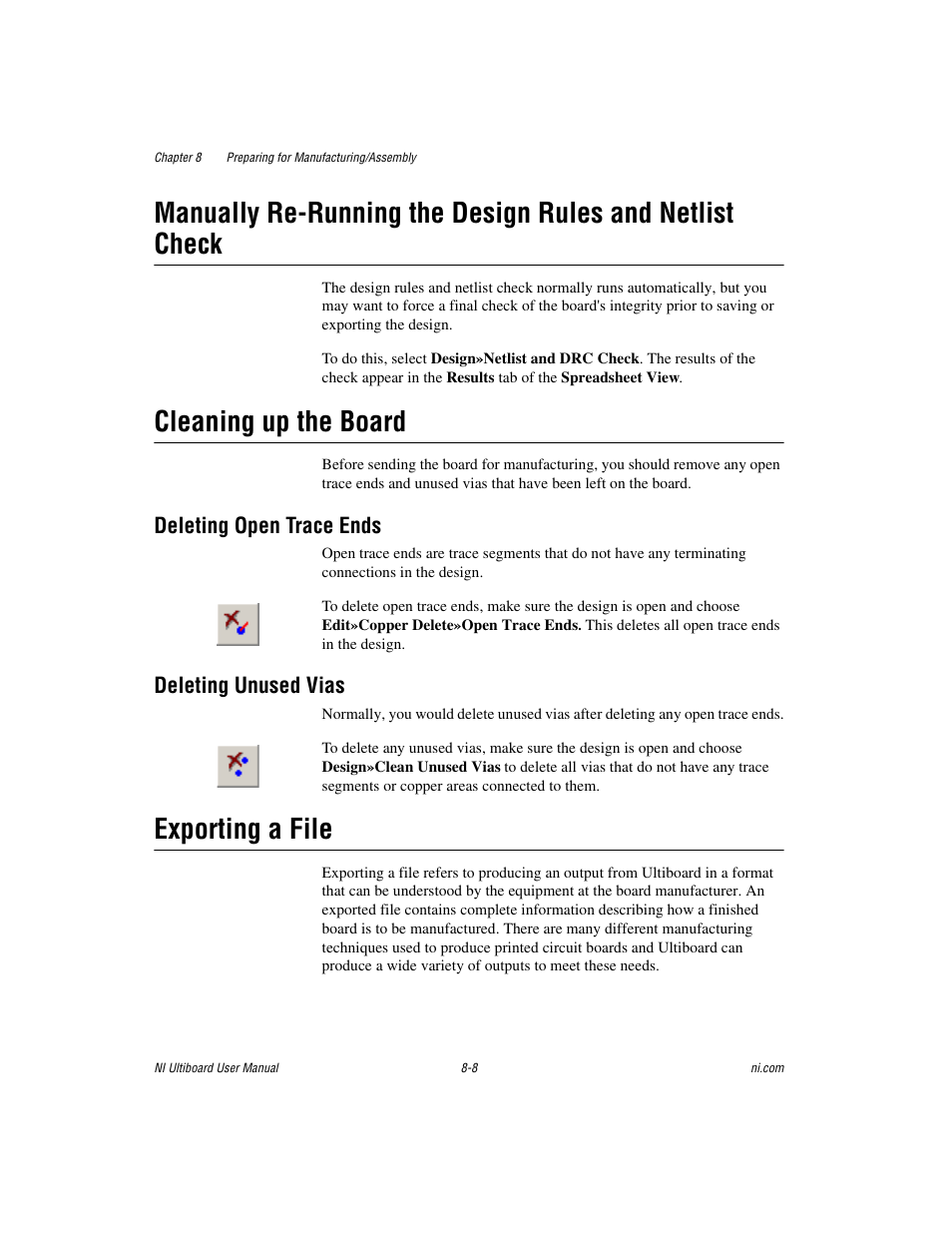 Cleaning up the board, Deleting open trace ends, Deleting unused vias | Exporting a file, Exporting a file -8 | National Instruments Graphical User Interface Ultiboard User Manual | Page 222 / 281