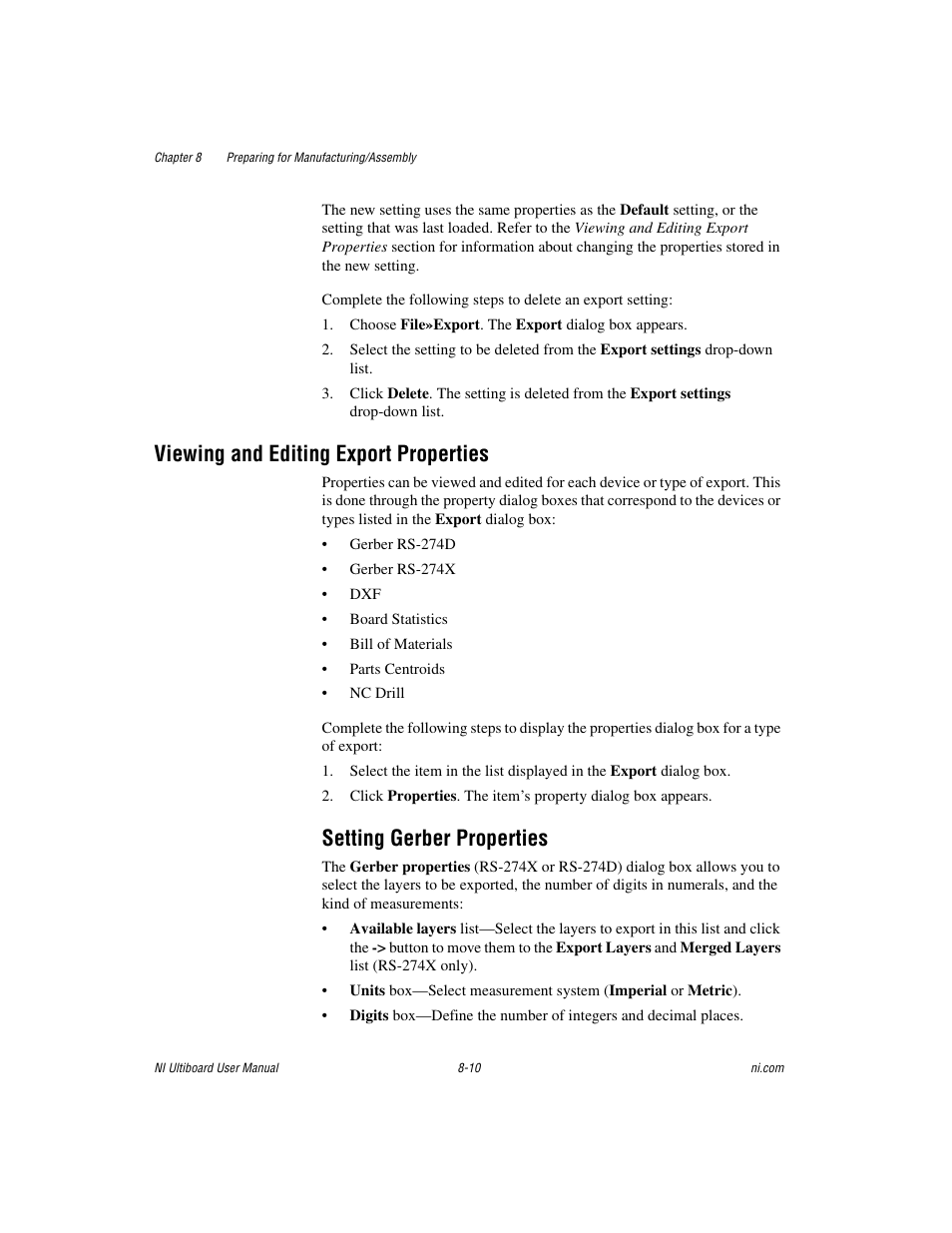 Viewing and editing export properties, Setting gerber properties, Viewing and editing export properties -10 | Setting gerber properties -10 | National Instruments Graphical User Interface Ultiboard User Manual | Page 224 / 281