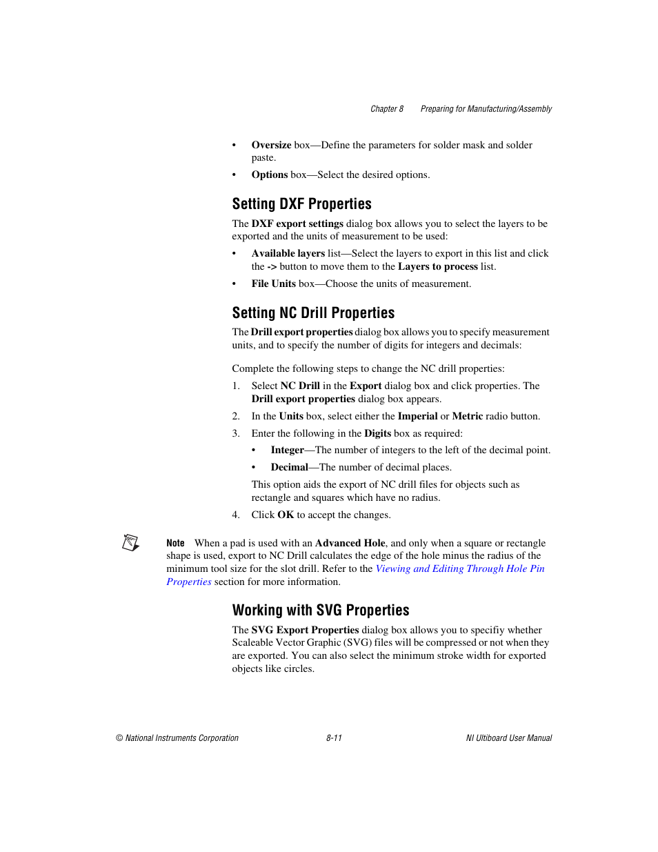 Setting dxf properties, Setting nc drill properties, Working with svg properties | National Instruments Graphical User Interface Ultiboard User Manual | Page 225 / 281