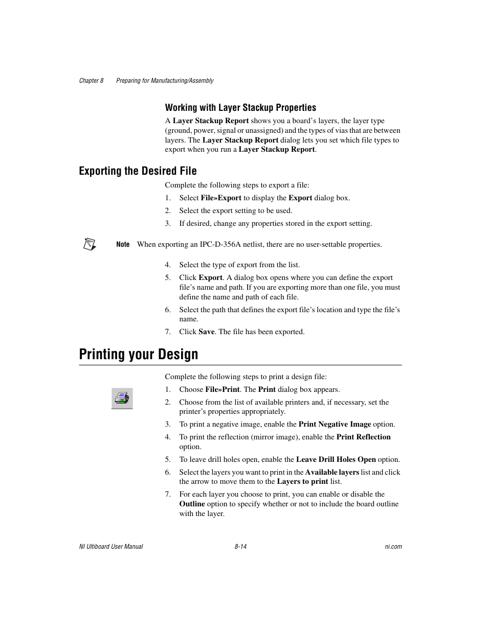 Exporting the desired file, Printing your design, Exporting the desired file -14 | Printing your design -14, Sectio | National Instruments Graphical User Interface Ultiboard User Manual | Page 228 / 281