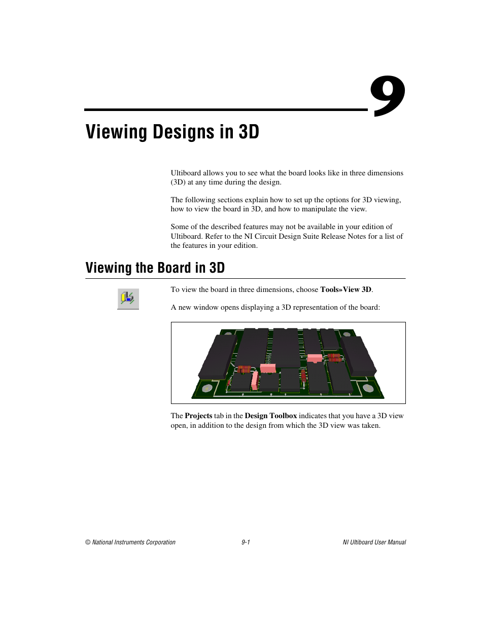 Chapter 9 viewing designs in 3d, Viewing the board in 3d, Viewing the board in 3d -1 | Viewing, Designs in 3d, Section of chapter 9, Viewing designs in 3d, Of chapter 9, Viewing designs in | National Instruments Graphical User Interface Ultiboard User Manual | Page 231 / 281
