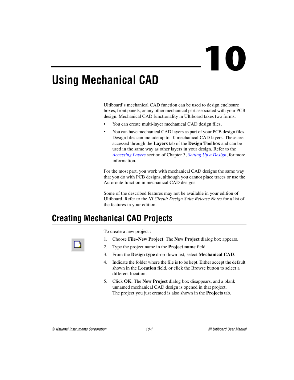 Chapter 10 using mechanical cad, Creating mechanical cad projects, Creating mechanical cad projects -1 | Using mechanical cad, Using mechanical, Using, Mechanical cad | National Instruments Graphical User Interface Ultiboard User Manual | Page 237 / 281