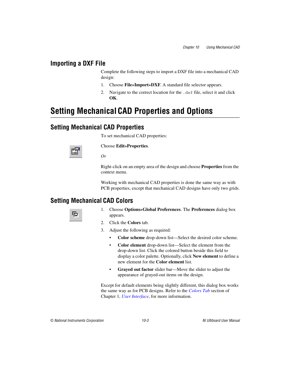 Importing a dxf file, Setting mechanical cad properties and options, Setting mechanical cad properties | Setting mechanical cad colors, Importing a dxf file -3, Setting mechanical cad properties and options -3, Setting mechanical cad properties -3, Setting mechanical cad colors -3, Setting mechanical, Cad properties and options | National Instruments Graphical User Interface Ultiboard User Manual | Page 239 / 281