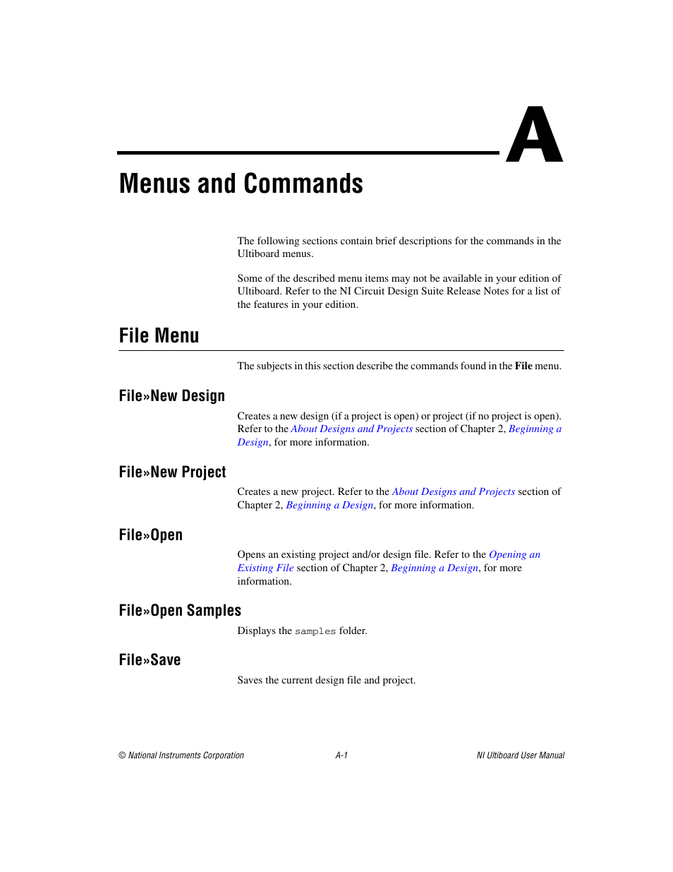 Appendix a menus and commands, Menus and, Commands | Menus and commands, File menu | National Instruments Graphical User Interface Ultiboard User Manual | Page 242 / 281