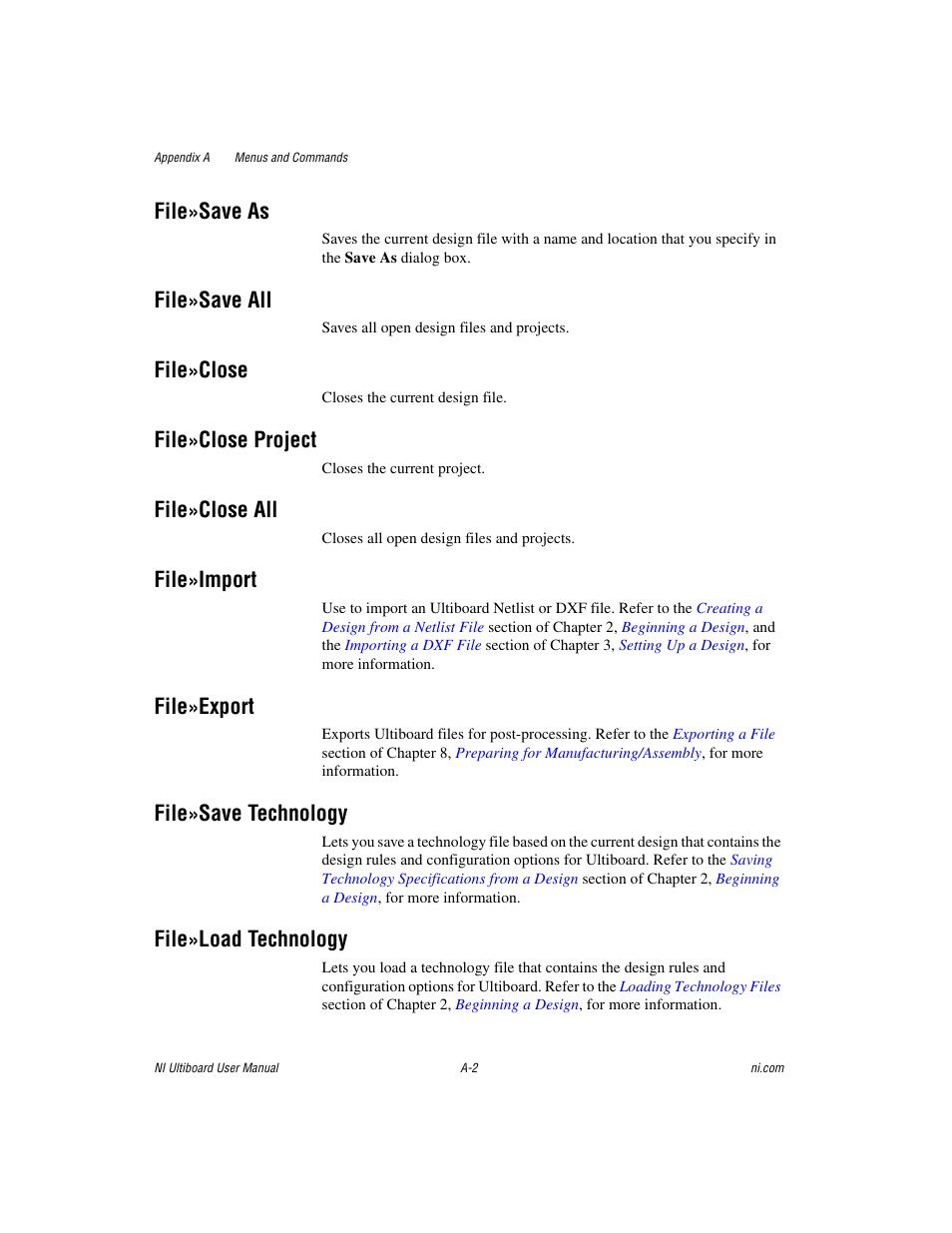 File»save as, File»save all, File»close | File»close project, File»close all, File»import, File»export, File»save technology, File»load technology | National Instruments Graphical User Interface Ultiboard User Manual | Page 243 / 281