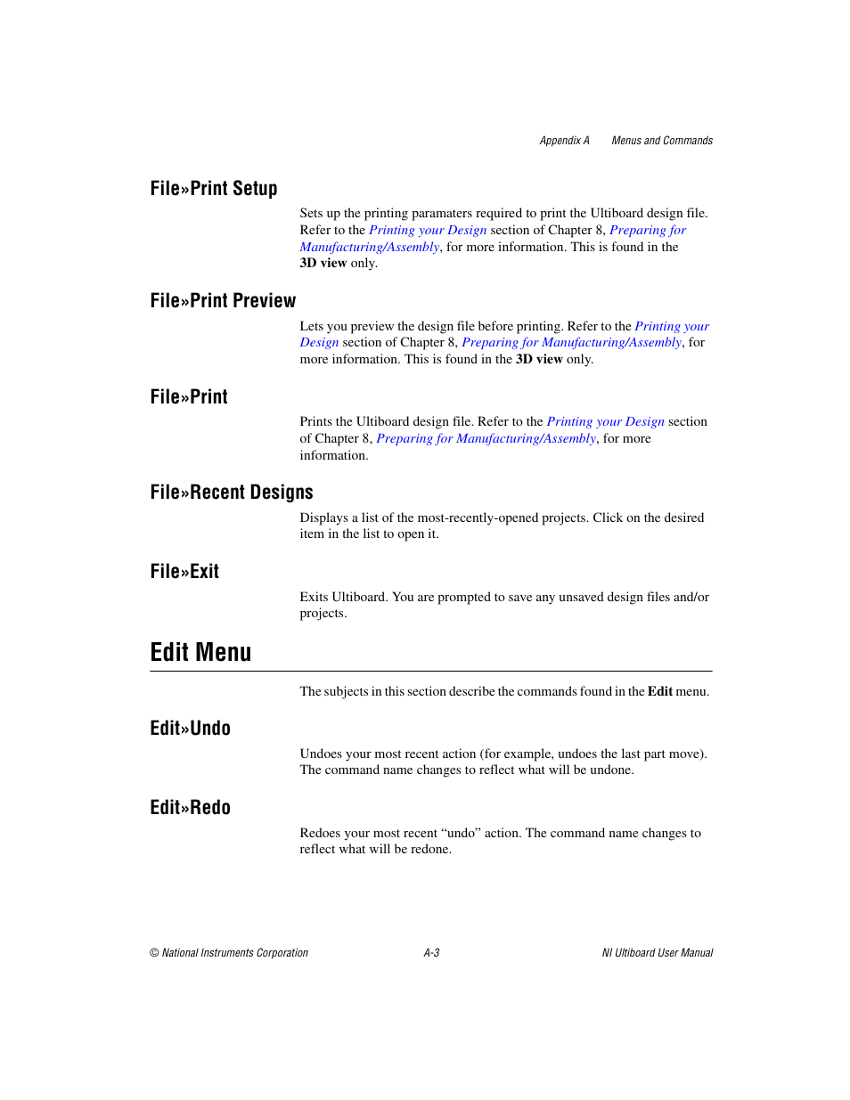 Edit menu, File»print setup, File»print preview | File»print, File»recent designs, File»exit, Edit»undo, Edit»redo | National Instruments Graphical User Interface Ultiboard User Manual | Page 244 / 281