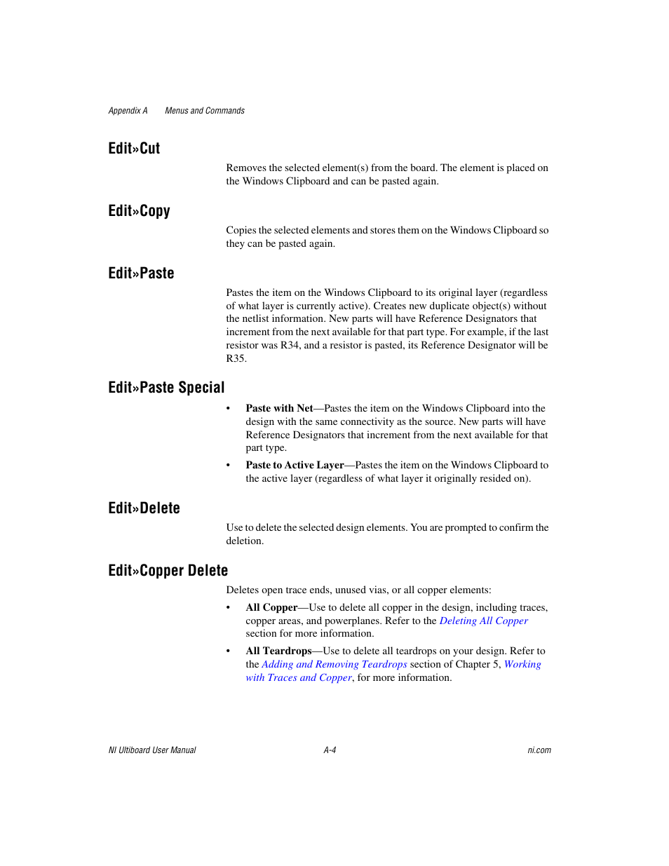 Edit»cut, Edit»copy, Edit»paste | Edit»paste special, Edit»delete, Edit»copper delete | National Instruments Graphical User Interface Ultiboard User Manual | Page 245 / 281