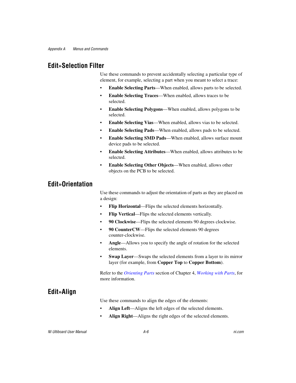 Edit»selection filter, Edit»orientation, Edit»align | National Instruments Graphical User Interface Ultiboard User Manual | Page 247 / 281