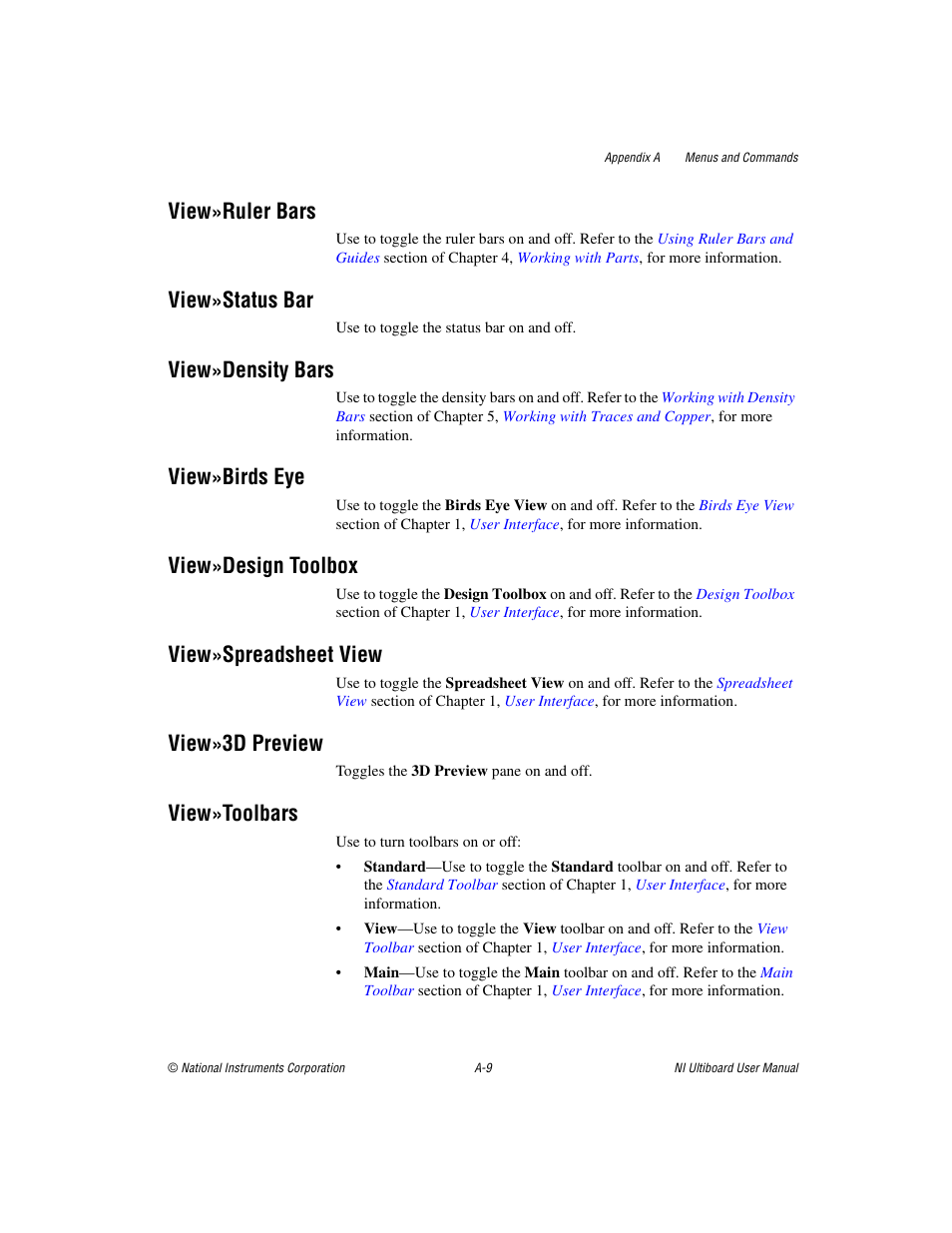 View»ruler bars, View»status bar, View»density bars | View»birds eye, View»design toolbox, View»spreadsheet view, View»3d preview, View»toolbars | National Instruments Graphical User Interface Ultiboard User Manual | Page 250 / 281