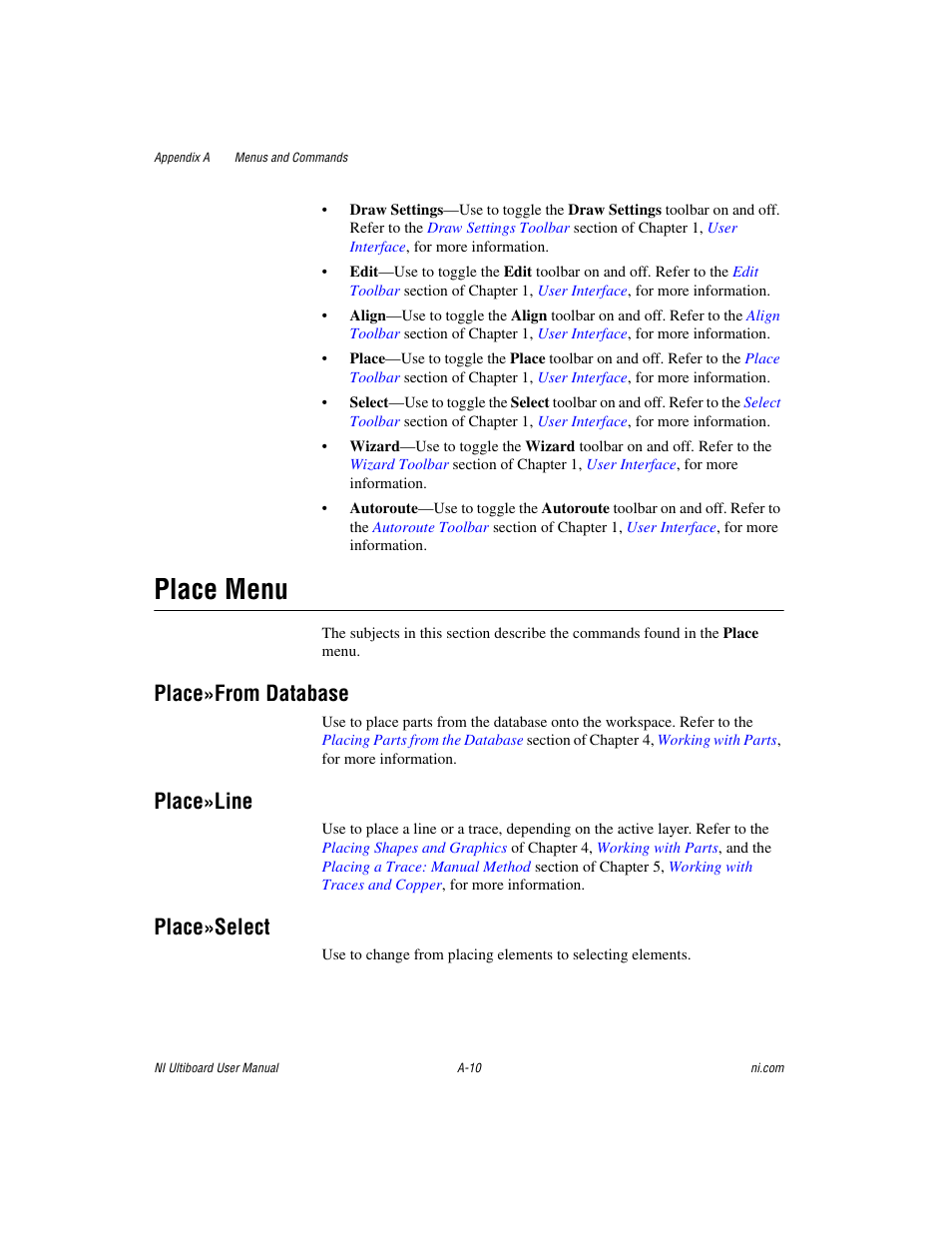 Place menu, Place»from database, Place»line | Place»select | National Instruments Graphical User Interface Ultiboard User Manual | Page 251 / 281