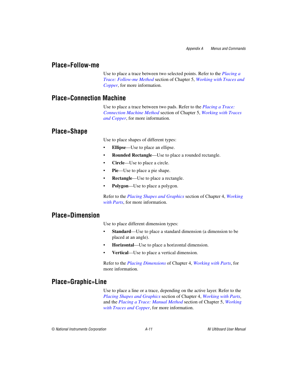 Place»follow-me, Place»connection machine, Place»shape | Place»dimension, Place»graphic»line | National Instruments Graphical User Interface Ultiboard User Manual | Page 252 / 281