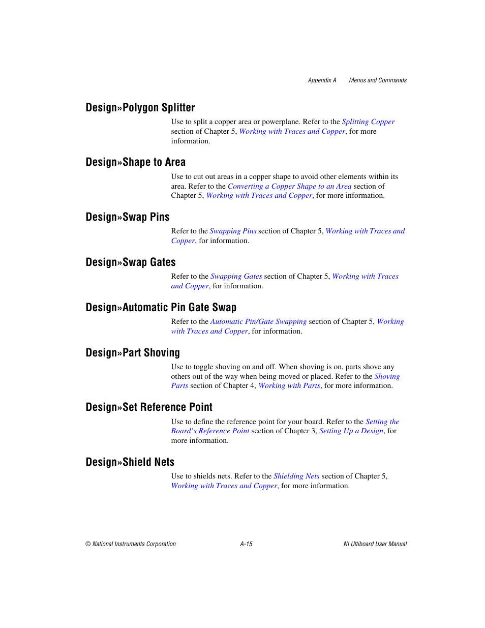 Design»polygon splitter, Design»shape to area, Design»swap pins | Design»swap gates, Design»automatic pin gate swap, Design»part shoving, Design»set reference point, Design»shield nets | National Instruments Graphical User Interface Ultiboard User Manual | Page 256 / 281