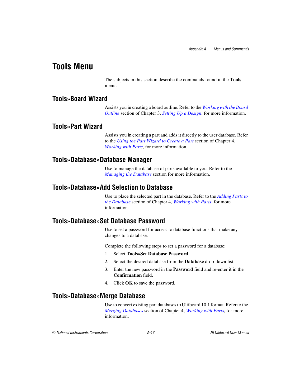 Tools menu, Tools»board wizard, Tools»part wizard | Tools»database»database manager, Tools»database»add selection to database, Tools»database»set database password, Tools»database»merge database | National Instruments Graphical User Interface Ultiboard User Manual | Page 258 / 281