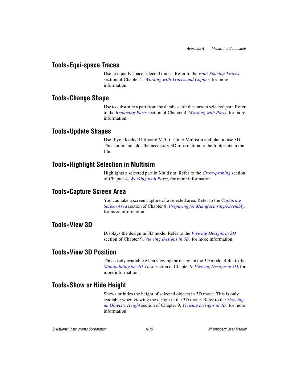 Tools»equi-space traces, Tools»change shape, Tools»update shapes | Tools»highlight selection in multisim, Tools»capture screen area, Tools»view 3d, Tools»view 3d position, Tools»show or hide height | National Instruments Graphical User Interface Ultiboard User Manual | Page 260 / 281