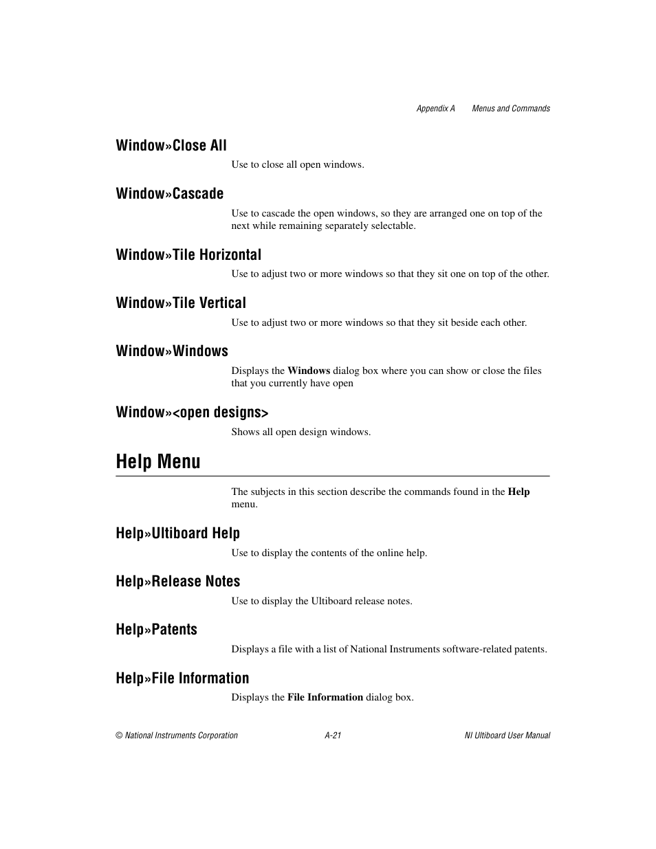Help menu, Window»close all, Window»cascade | Window»tile horizontal, Window»tile vertical, Window»windows, Window»<open designs, Help»ultiboard help, Help»patents, Help»file information | National Instruments Graphical User Interface Ultiboard User Manual | Page 262 / 281